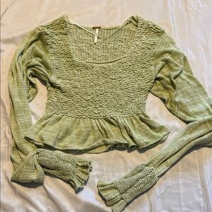 Free People Smocked Cropped Top Sage Green Peplum Size S